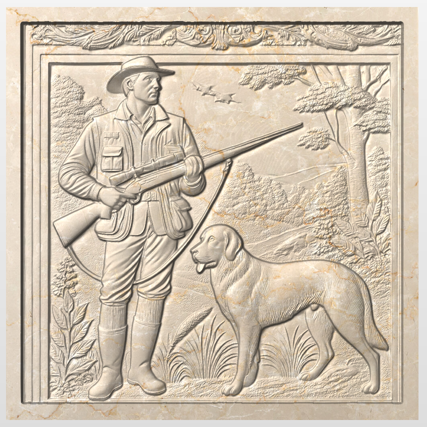 Rilievo del Cacciatore con cane STL Bassorilievo per pantografi CNC
